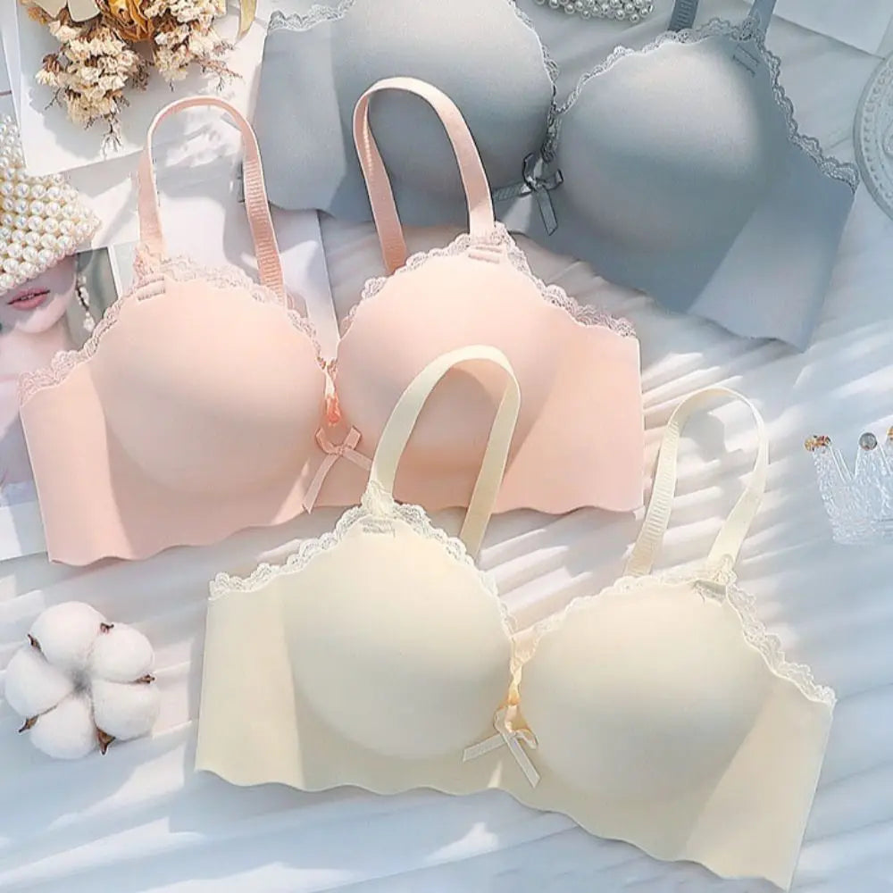 Solid Push Up Wireless Deep V Bra Shockproof Anti-sagging Lace Bowknot Bra Adjustable Lingerie Seamless Bra Girls