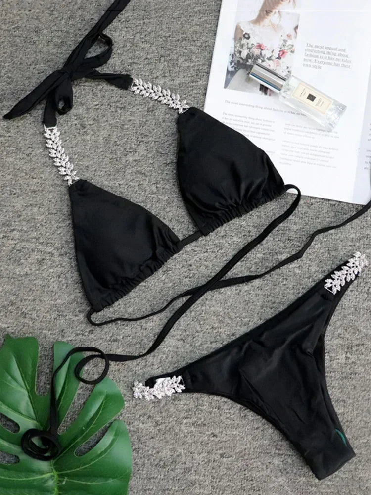 2025 Shiny Rhinestone Diamond Bikini Women Swimsuit Female Swimwear Two Pieces Bikini Set Halter Metal Chains Bathing Suit Swim