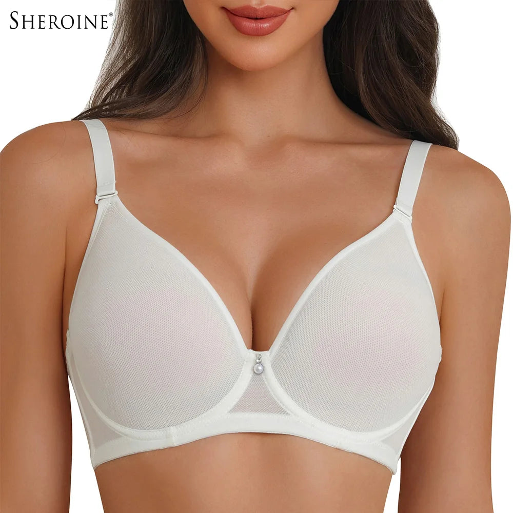 Sheroine Plus Size Women's Bra Full Coverage Ultra-thin Mesh Supportive Plunge T-Shirt Push Up Lift Everyday Lightly Lined Bras