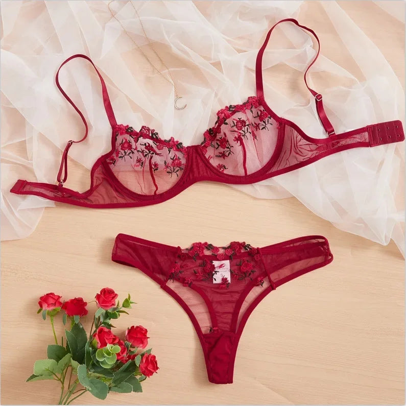 Lingerie Sexy Floral Embroidery Underwear Transparent Lace Short Skin Care Kits Delicate Fairy Set Woman 2 Pieces