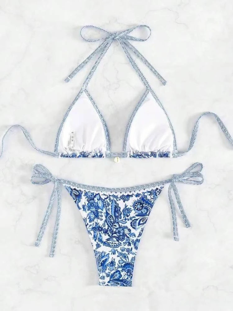 2025 Halter String Triangle Two Piece Bikini Women Swimwear Female Swimsuit Bathers Bathing Swimming Suit Beachwear Summer