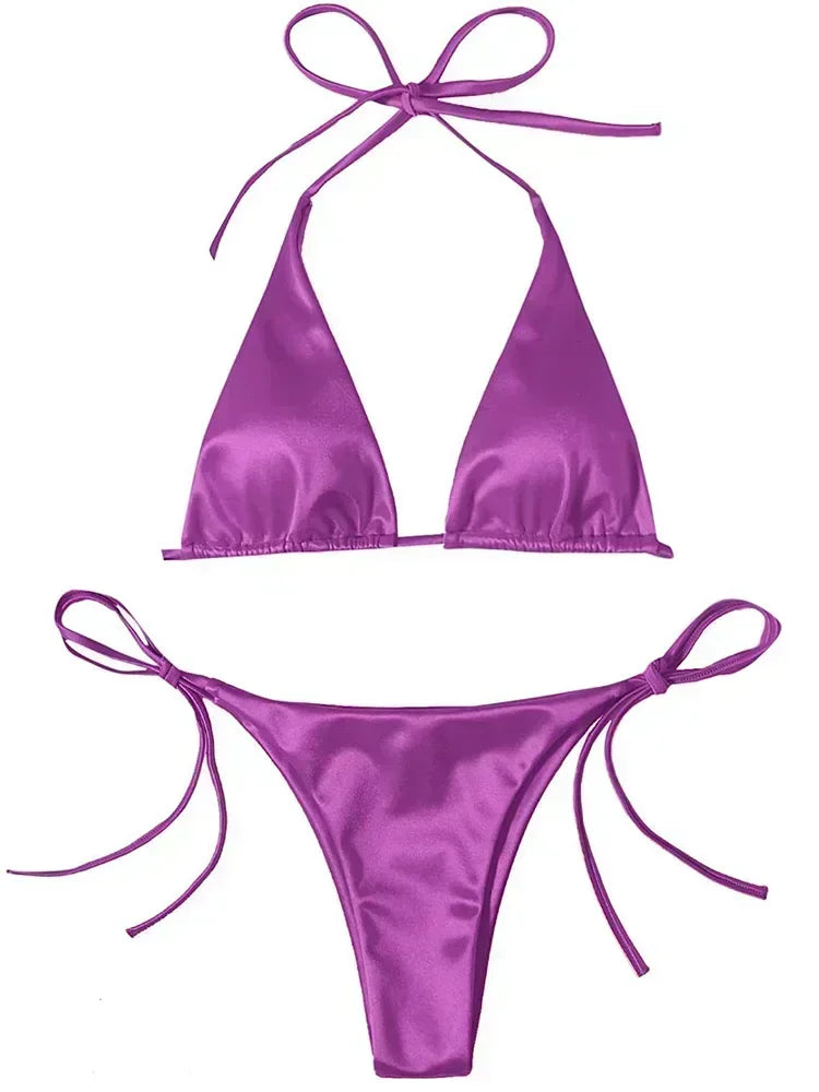 Wrap Around Halter Metallic Satin Bikini Women Swimwear Female Swimsuit Two-pieces Bikini Set Brazilian Bathing Suit Swim Lady