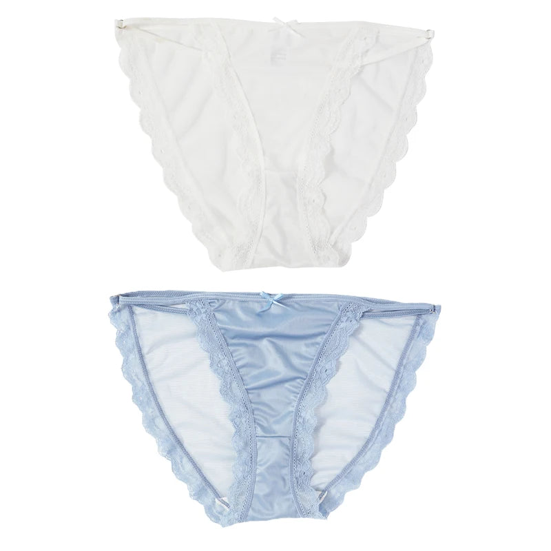 2PCS Mesh Satin Half Pack Panties Women's Ice Silk Low Rise Soft Intimates Breathable Sexy Lace Underpants Light Silky Briefs