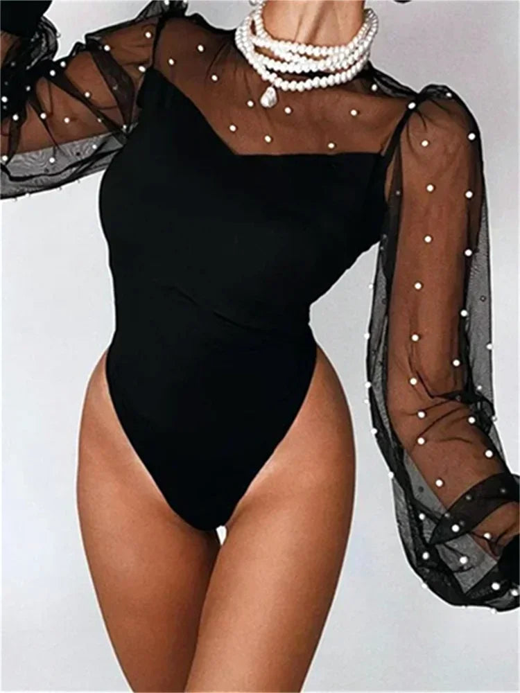 Women Pearl Mesh Puff Sleeve Bodysuit 2024 Fashion Long Sleeve Vintage Body Top Summer Fall Elegant Sexy Blouse Shirts Female