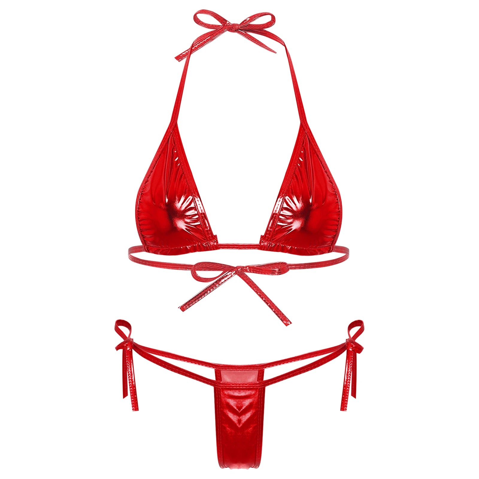 Womens Brazilian Micro Bikini Swimsuit Metallic Shiny Lacing Non-Padded Triangle Cup Bra Top with G-String Swimwear Biquini Set
