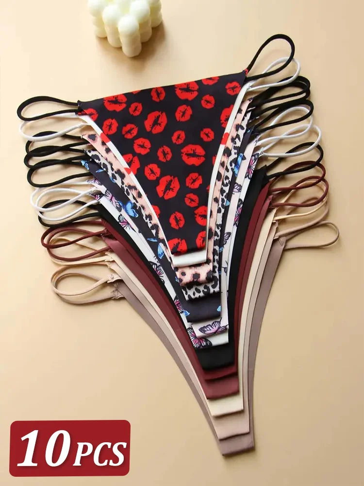 10Pcs Women Seamless Thongs Thin Strap Low Waist High Flexibility Panties Sexy Underwear Ladies Briefs T-back Comfortable Women