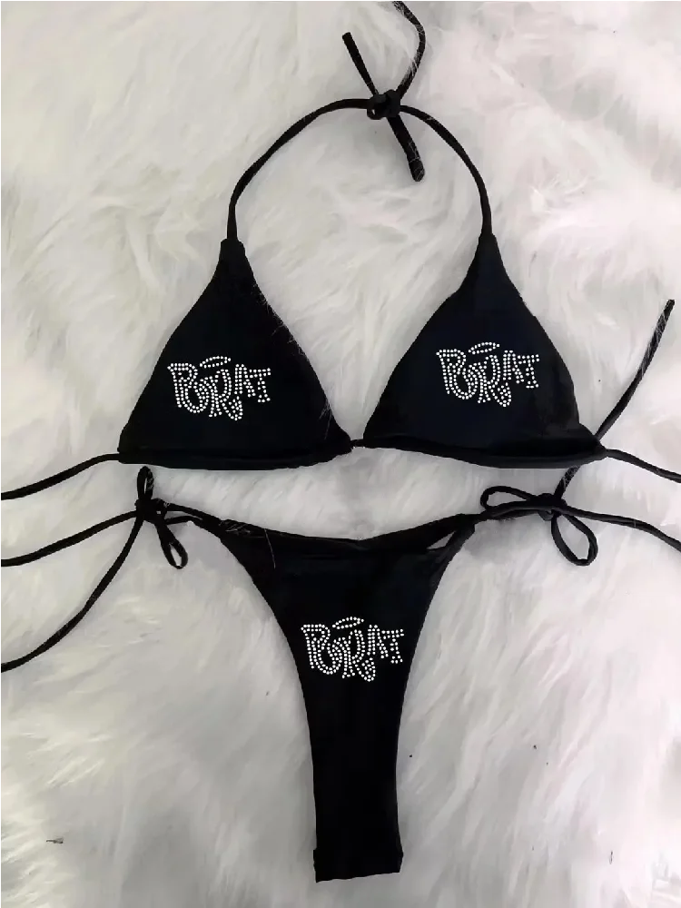 2000s Woman Punk New Beach Swimwear gothic clothes BRAT Rhinestone printing Grunge Swimsuit Bikini Y2K Bathing Suits Lace Up 