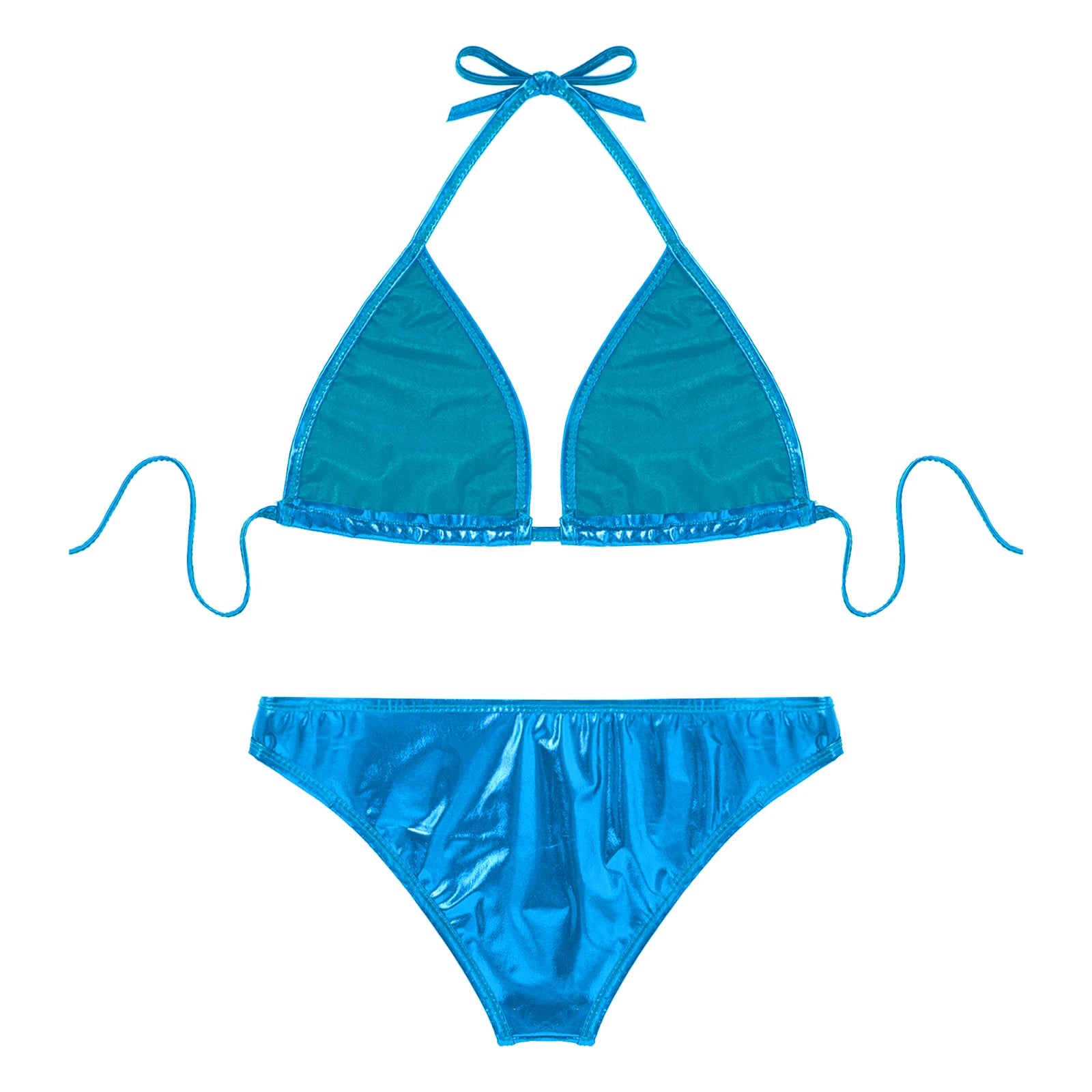 Womens Metallic Shiny Bikini Swimwear Pool Party Swimming Bathing Suit Halter Lace-up Bra with O Ring Briefs Bikini Swimsuit