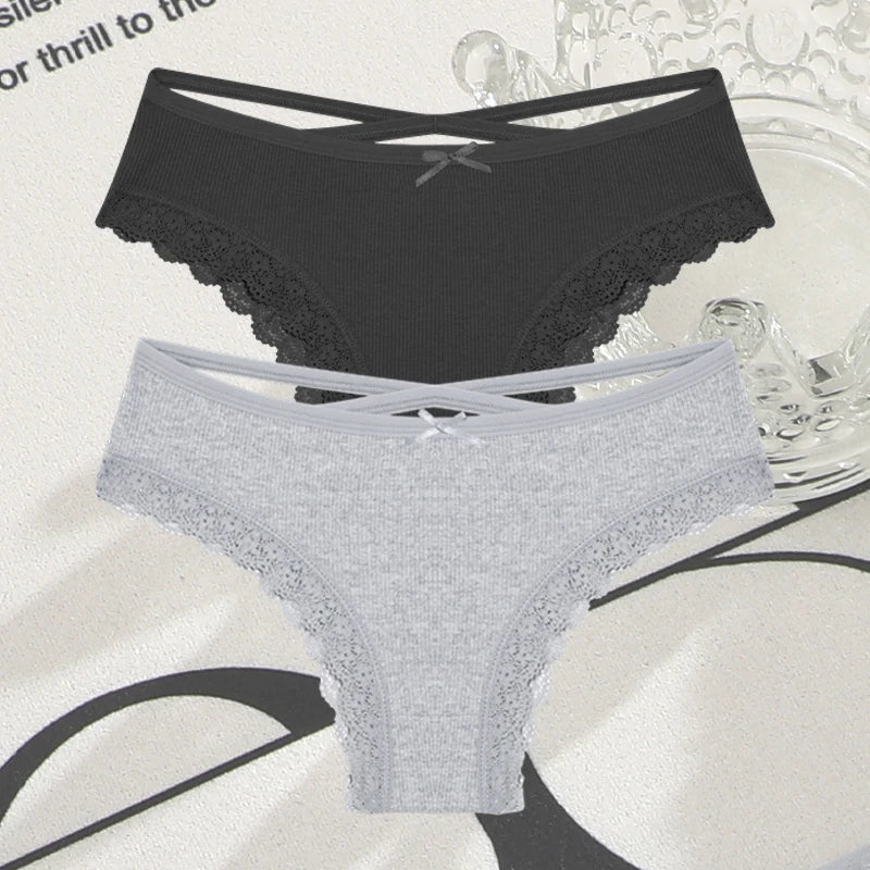 2PCS Cotton Panties for Women Sexy Lace Brazilian Briefs Female Low-Waist Cross Webbing Underpants Stretch Breathable Intimates