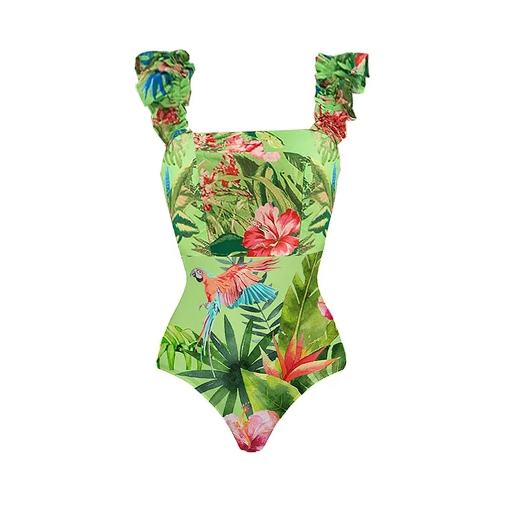 Printed Ruffle One Piece Swimsuit With Cover Up Sexy Swimwear Women Flat Belly Swim Suits Bathsuit Belt Bodysuit Beach Outing