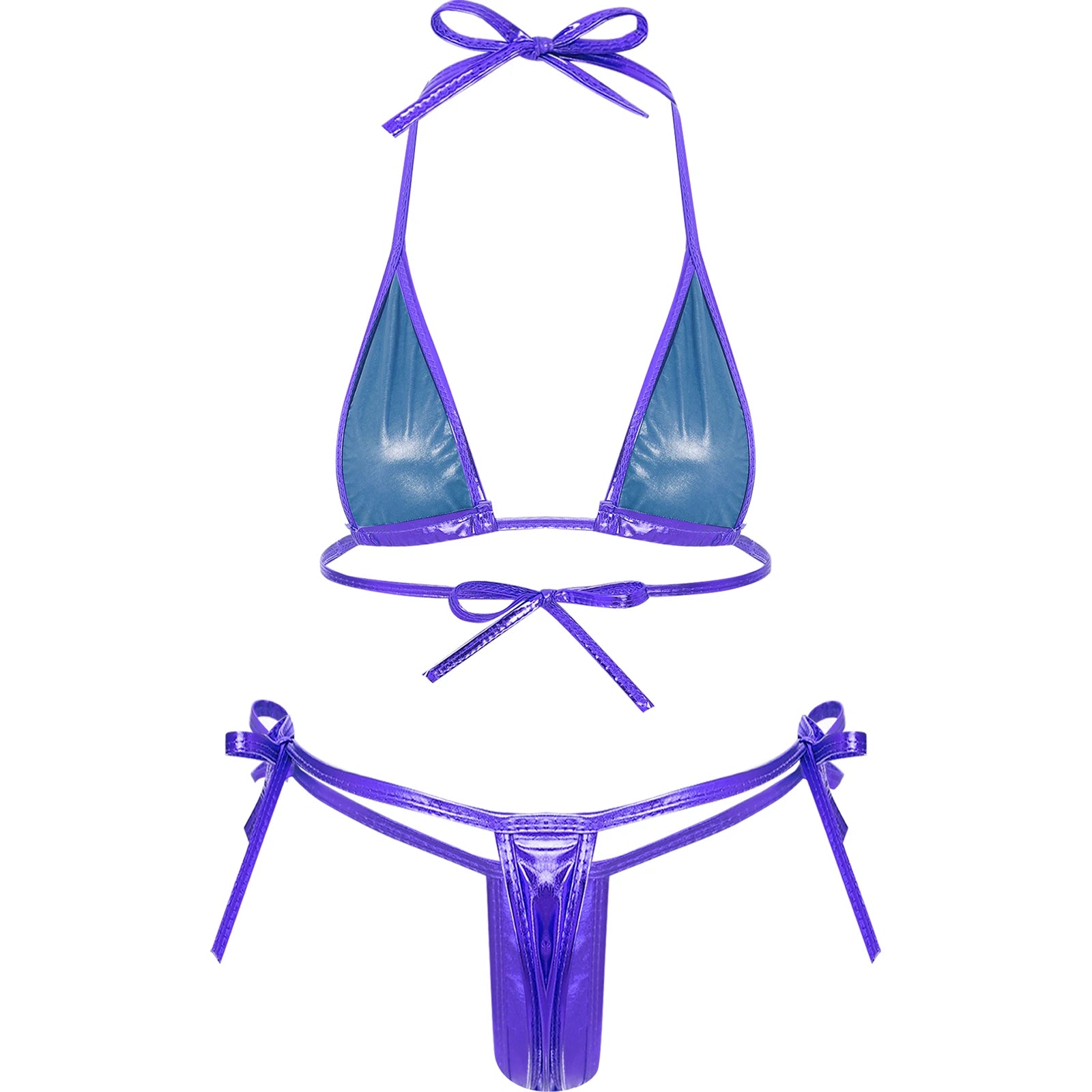 Womens Brazilian Micro Bikini Swimsuit Metallic Shiny Lacing Non-Padded Triangle Cup Bra Top with G-String Swimwear Biquini Set
