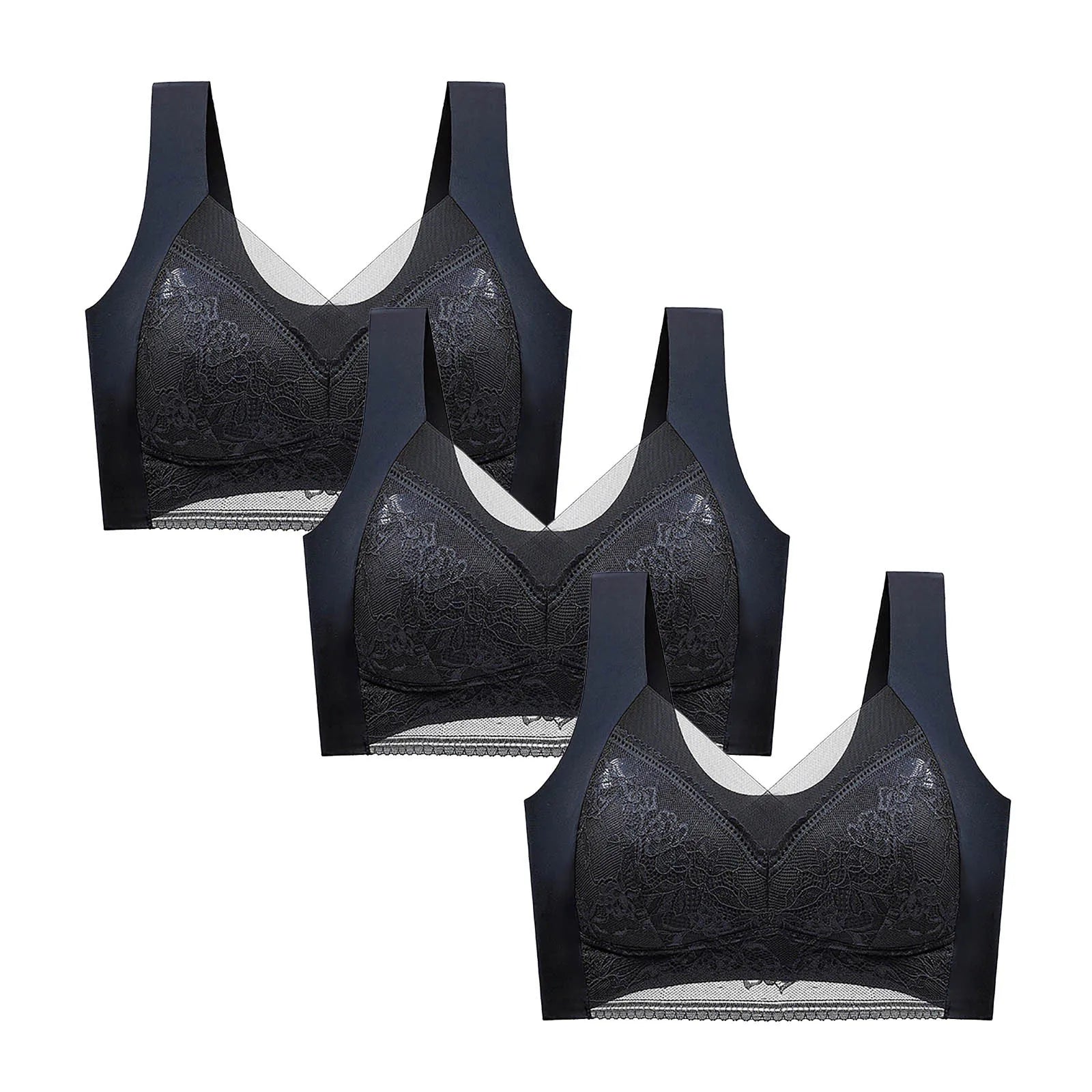 FallSweet 3PCS Lace Push Up Bras for Women Sexy Wireless Bra Ice Silk Deep V Bralette Tops Female Lingerie Mom's Underwear L-5XL