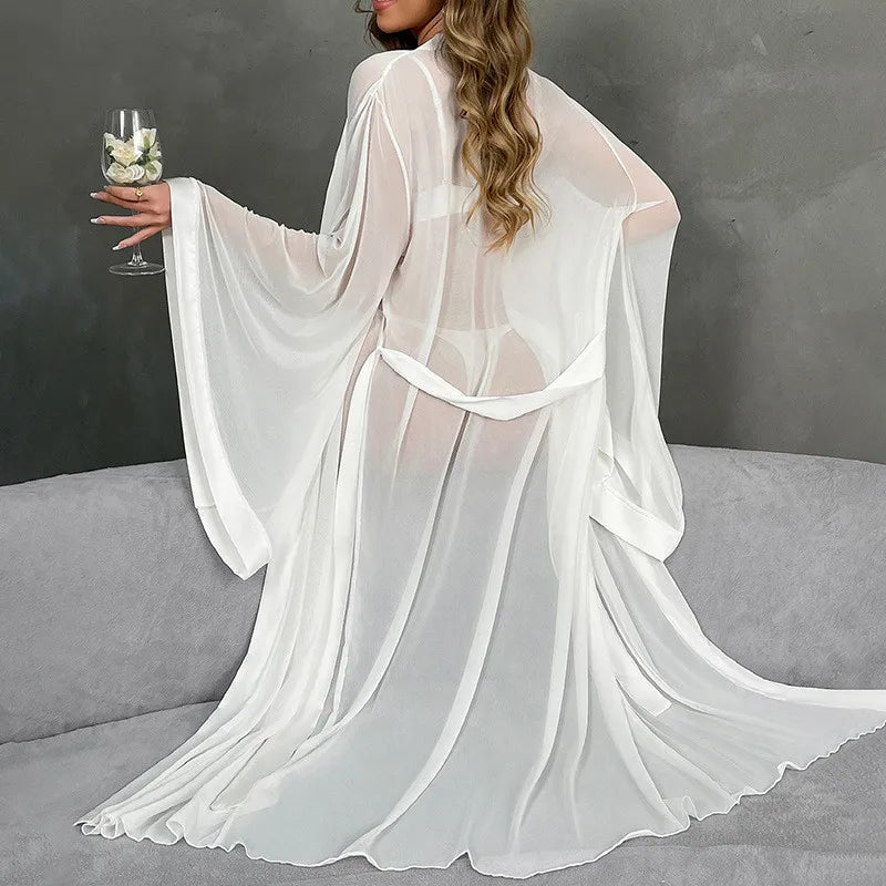 Female Sheer Shapewear Robes Fashion Long Sleeve Thin Lingerie Women Lace Up Long Sexy Mesh Robes