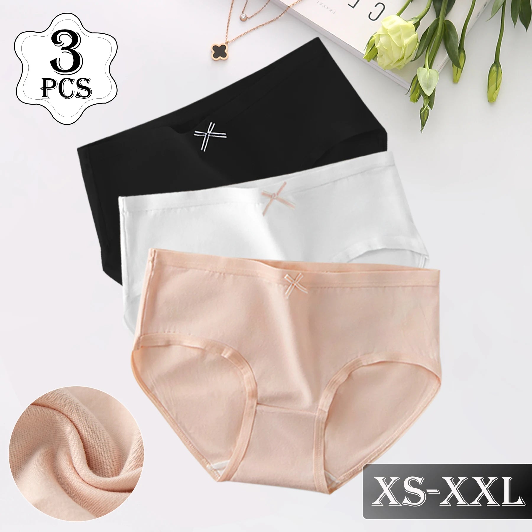 3PCS Cotton Women Panties Underwear Cute Bowknot Design Girls Briefs Lingerie Simple Low-Waist Comfortable Underpants