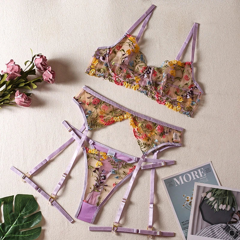 HIMEALAVO Lingerie Sensual Lace Underwear Transparent Embroidery 3-Piece Garters Fancy Beautiful Short Skin Care Kits Intimate