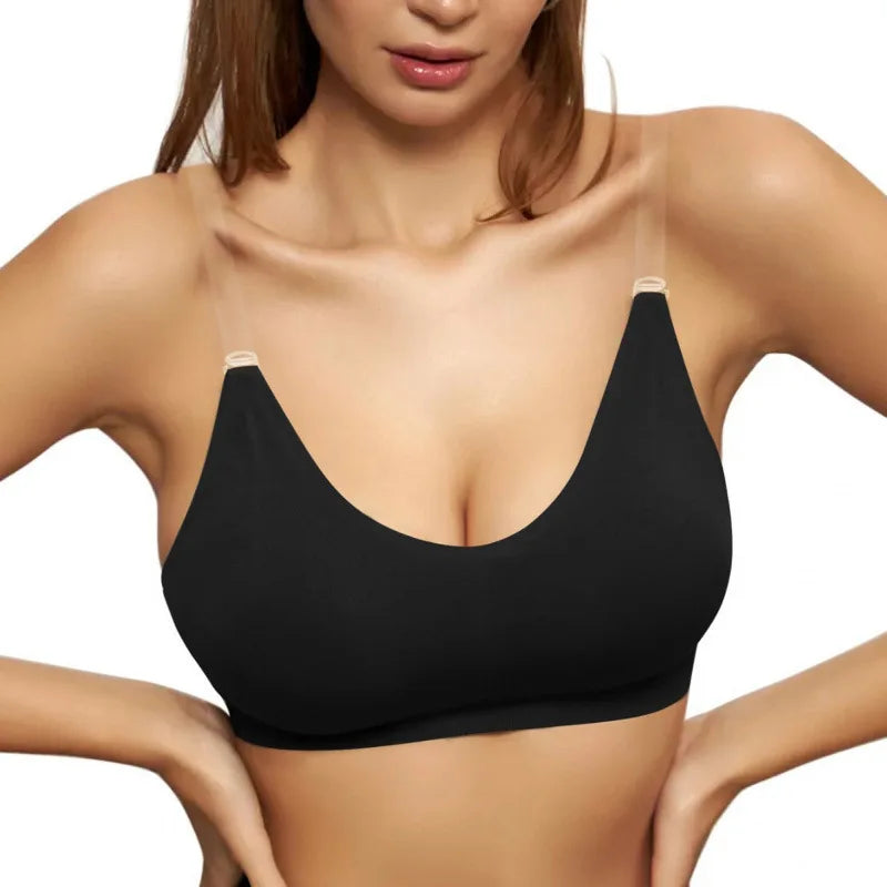 Women's Wireless Seamless Daily Bra,backless Bra with Transparent Shoulder Straps,U-shaped Thin Semi Fixed Cupback Bra,underwear