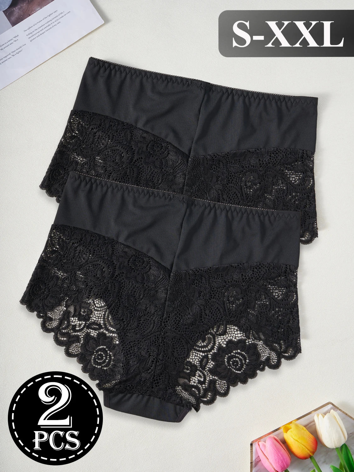 2PCS Black High Waist Women's Underwear Hollow Out Lace Floral Sexy Panties Solid Color Comfortable Briefs Lingerie S-XXL