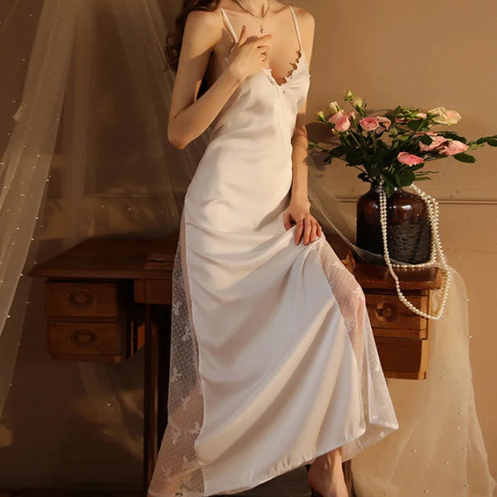 Women Backless Kimono Dressing Gown Sexy Perspective Nightgown Satin Sleepdress Lace Patchwork Nightwear Ultra Long Loungewear