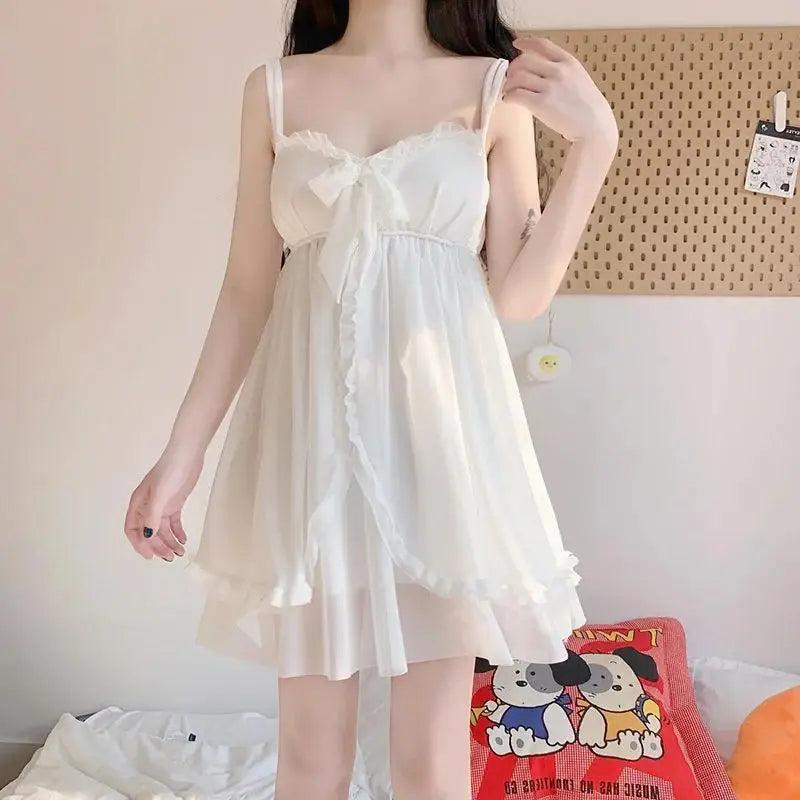 Elegant Sweet Simple Solid White Women Robe Gown Sets Chic Lace Bow Mesh Sleepwear Breathable Slim Nightdress