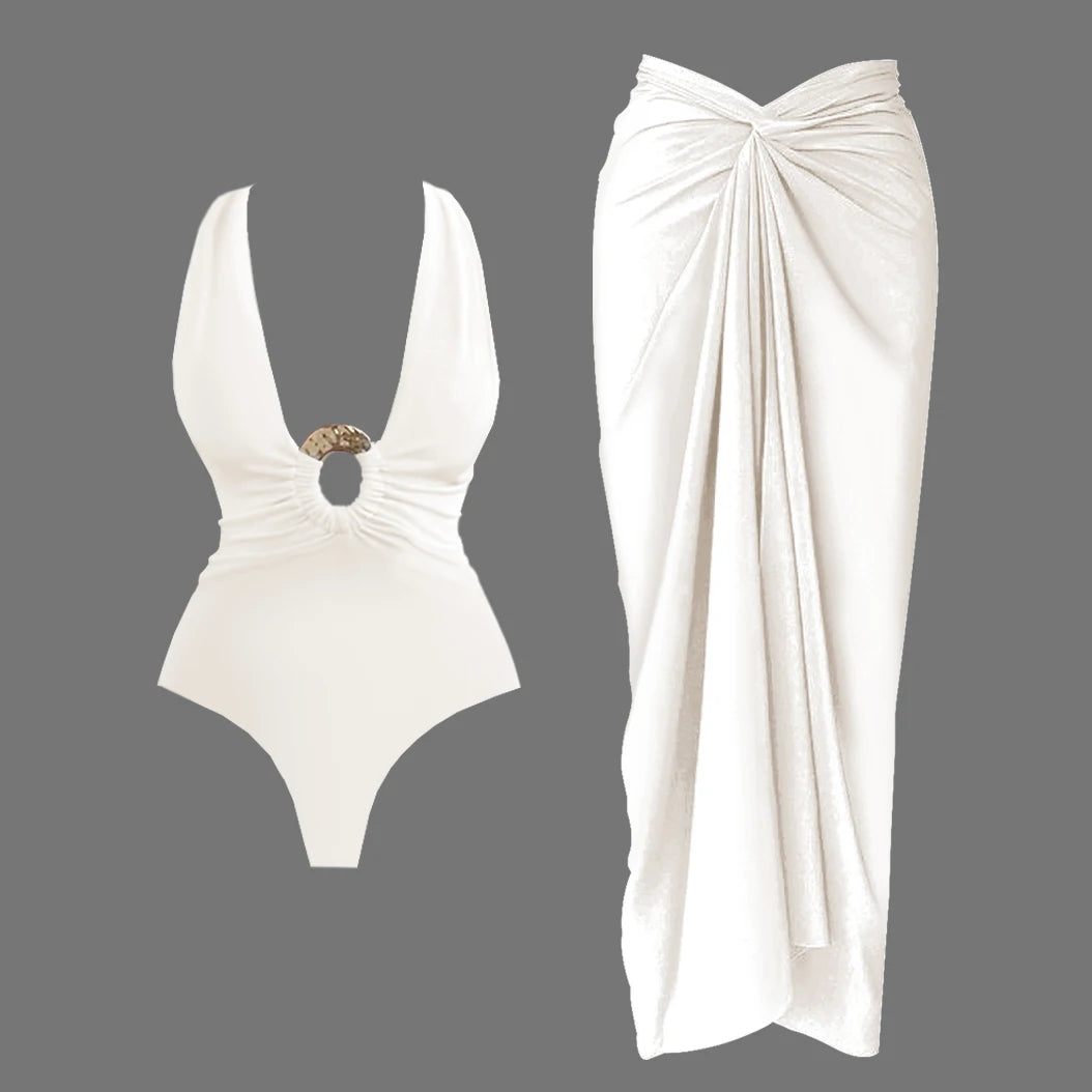 2Pcs Deep V One Piece Swimsuit Sexy Women Swimwear 2025 Shiny Star Bikini High Waist Biquini Female Swim Suit Bodysuit Beachwear