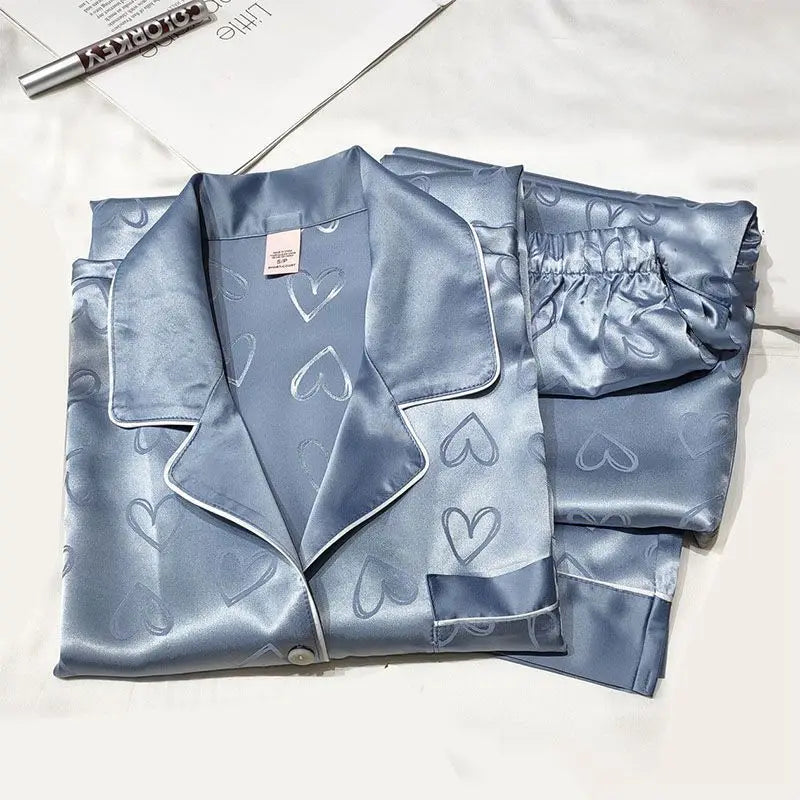 Ice Silk Pajamas Women's Long Sleeve Lace Premium Sense Two Piece Suit Sweet Homewear Love Blue Ladies Sleepwear Loungewear