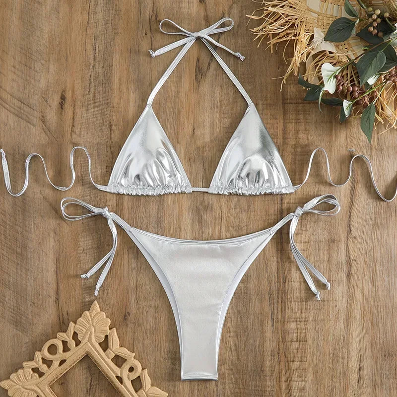 Sexy Metallic Halter Bikinis Sets Lace Up Triangle Tie Side Bikini 2026 Swimsuit Women Swimwear Brazilian Female Bathing Suits