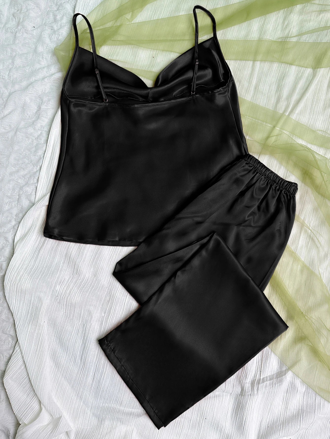 Solid Satin Pajama Set Draped Collar Cami Top Elastic Waistband Pants Women's Sleepwear Loungewear