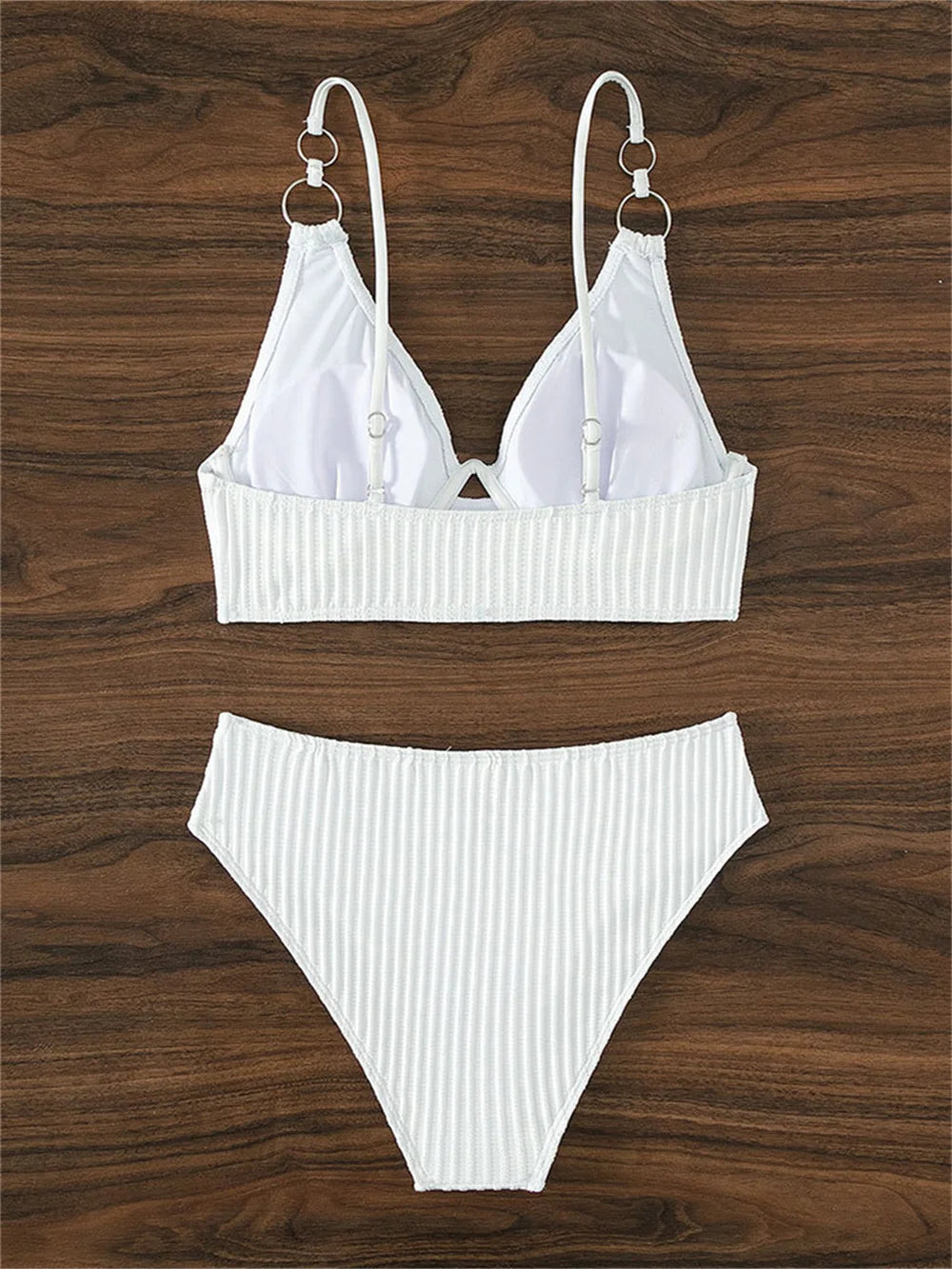 Sexy White Bikini Sling Rings Push Up Swimsuit High Waisted Vacation Swimwear Ribbed Beach Bathing Suit Women 2 Piece Set Outfit