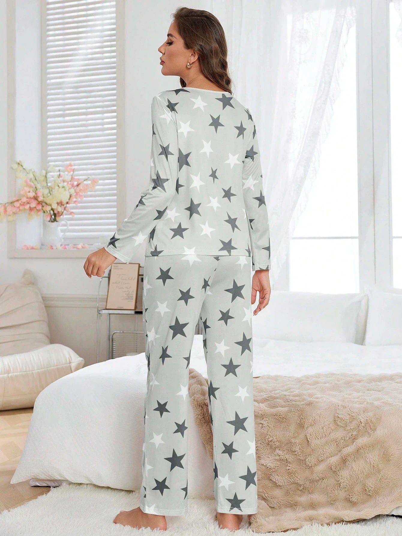Women's Four-Season Spring and Summer Long-Sleeved Pajamas, Casual, Comfortable and Cute Star-Printed Long-Sleeved Pants Set for