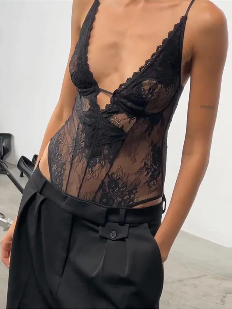 Sexy Lace Halter Bodysuits Women's Slim Sleeveless Waist-cinching Deep V-neck Suits 2026 New Ladies Spring Summer Solid Outwear