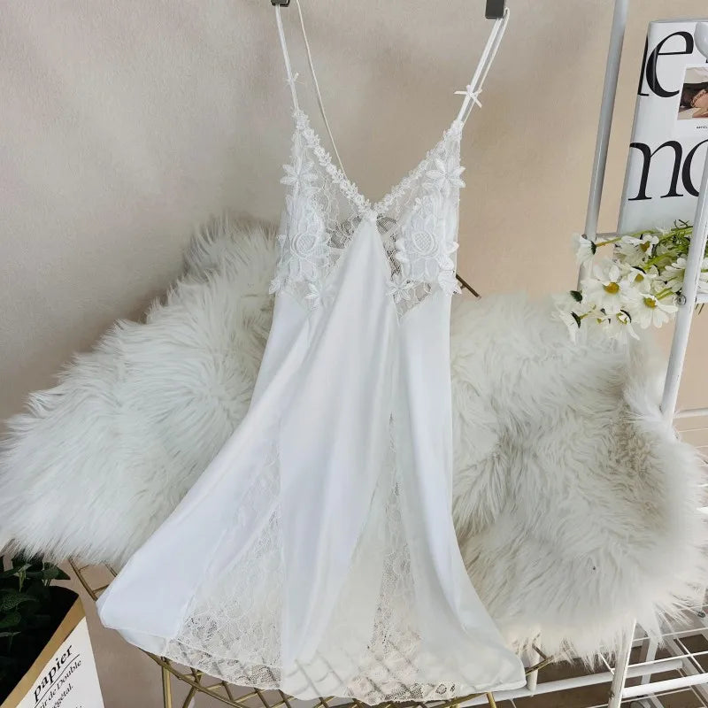 Sexy Hollow Out Lace Strap Nightgown Women Sleepwear Embroidery Flower Robe Silky Satin Nightdress Home Wear Intimate Lingerie