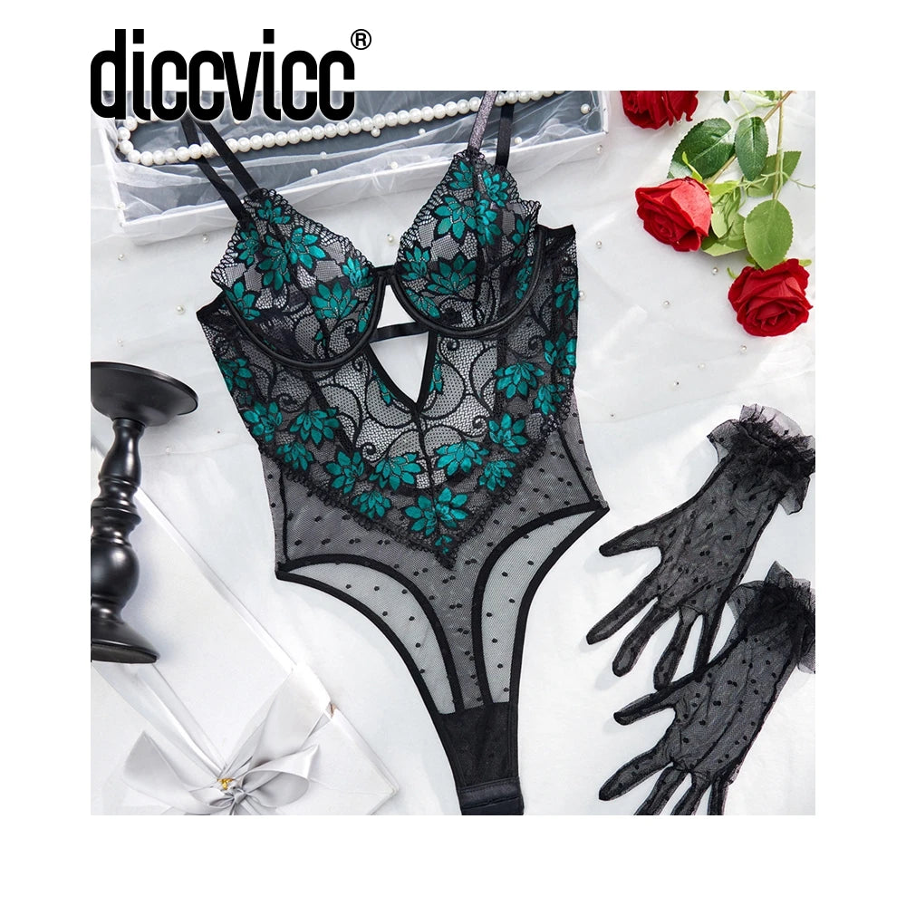 Diccvicc Elegant Women's Body with Gloves See Through Floral Lace Sexy Bodysuit Lingerie Intimate Underwear Set Female Clothing