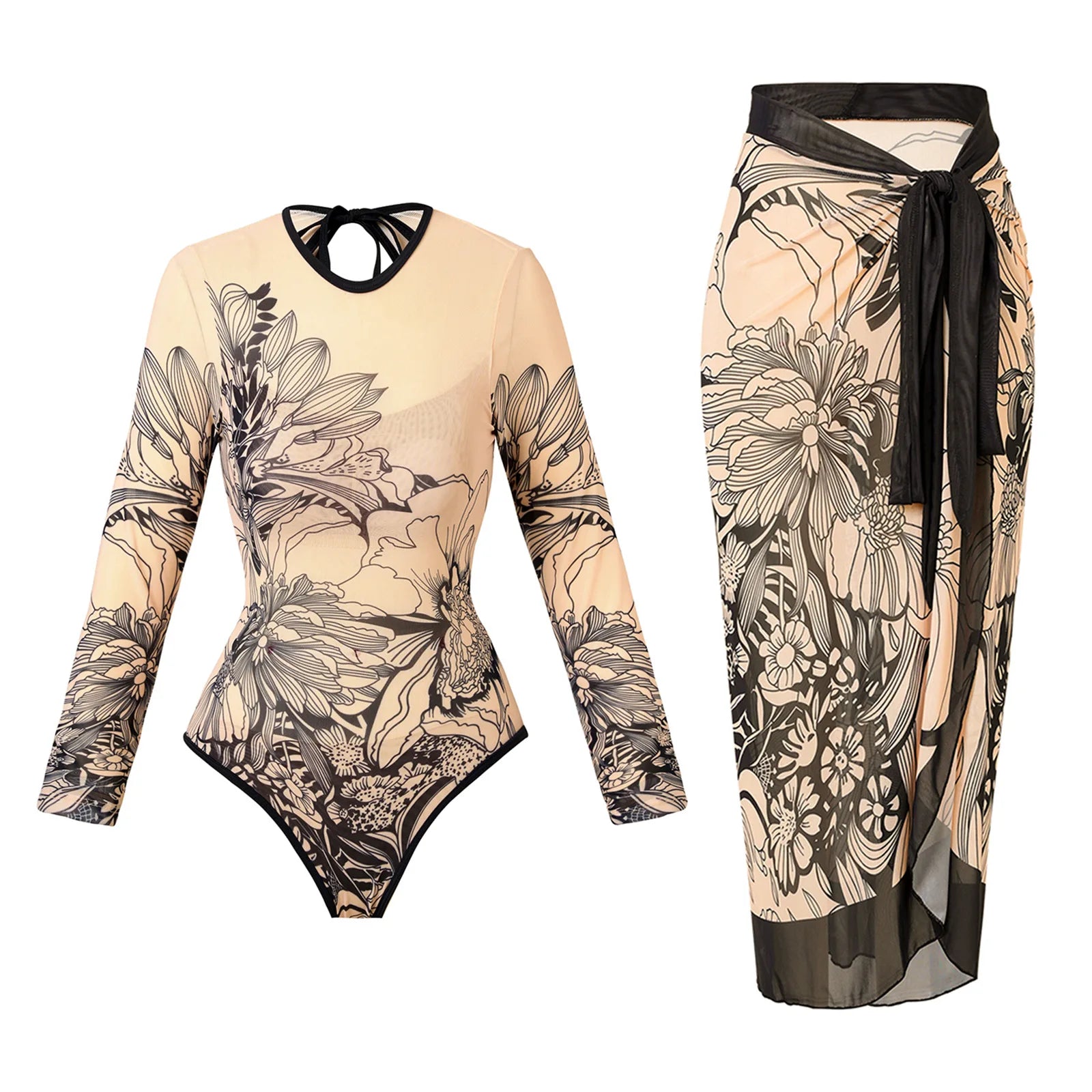 Vintage Mesh Print Swimming Suit for Women Long Sleeve High Waist One Piece Swimsuit 2025 Beach Bathing Suit Купальник