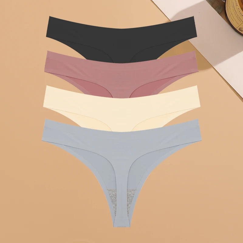 4PCS Ultra-thin Seamless Underwear Women's Invisible Panties Sexy Ice Silk Thongs Low Waist Breathable Bikini Stretchy Lingerie