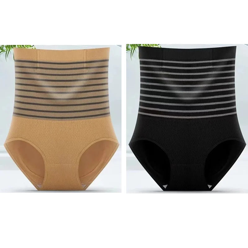 2pcs Women No Trace High Waist Shaping Briefs Body Shaper Slimming Underwear Butt Lifter Control Panties Stripe Shapewear Pants