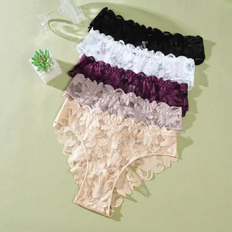 5PCS/Set Floral Lace Panties for Women Ladies Low Waist Sexy Lingerie Transparent Breathable Underwear Solid Color Briefs S-XL