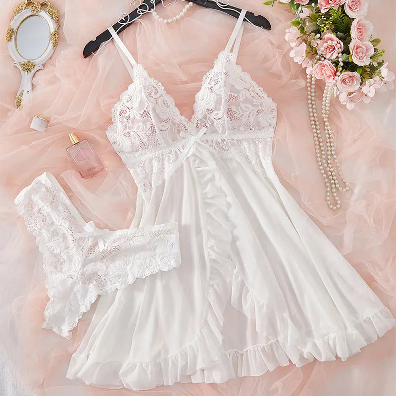 2 Pcs Set Lace Nightgown Women Exquisite Homewear New Green Nighttime Pajamas Transparent Split Nightdress V-Neck Bra Panty Sets