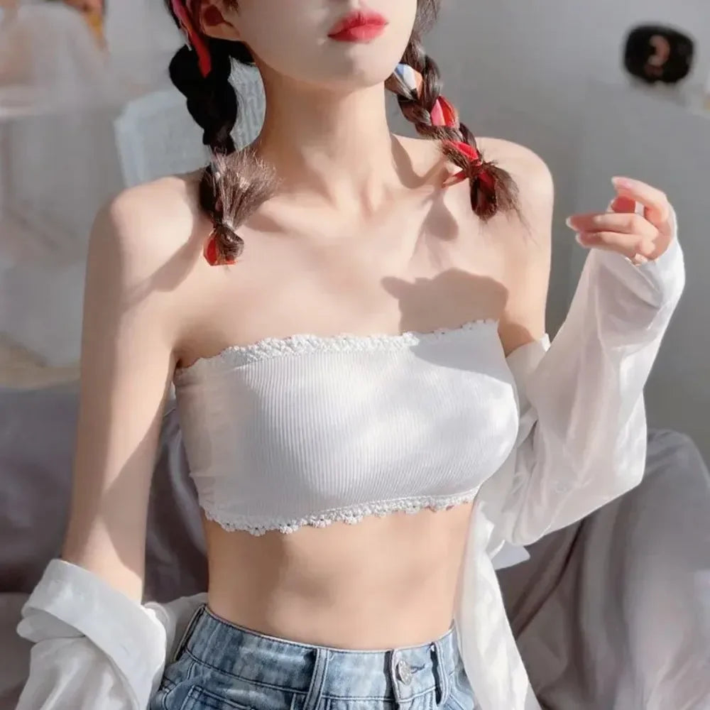 Sweet Lace Strapless Bra Non-slip Camisole for Girls Soft Invisible Beautiful Back Shockproof Vest Lingerie Versatile Underwear