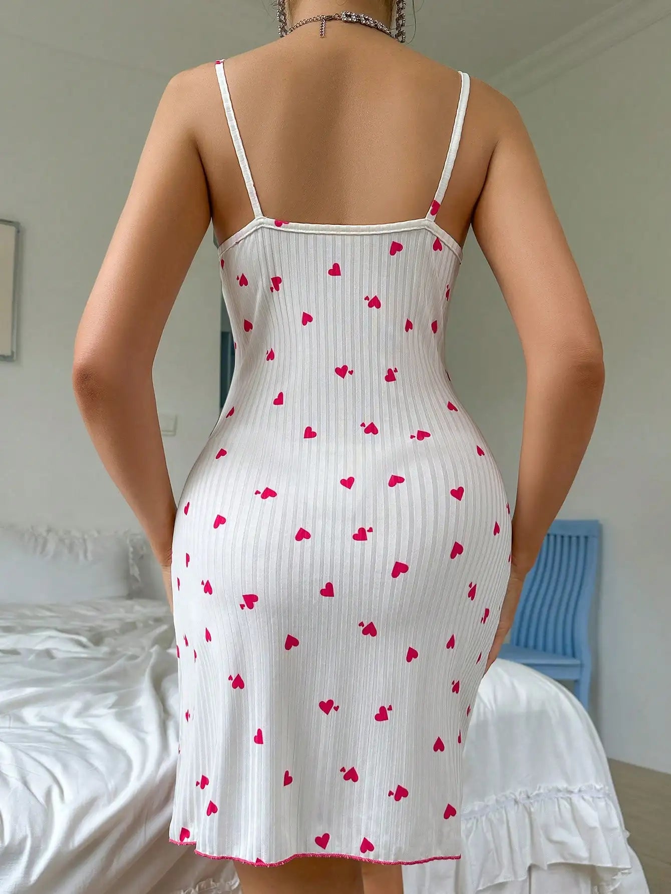 Women's Sexy Nightdress Night Gown Lace Trim Camisole Bow & Heart Print Sleeveless Sleep Dress Elegant Night Wear