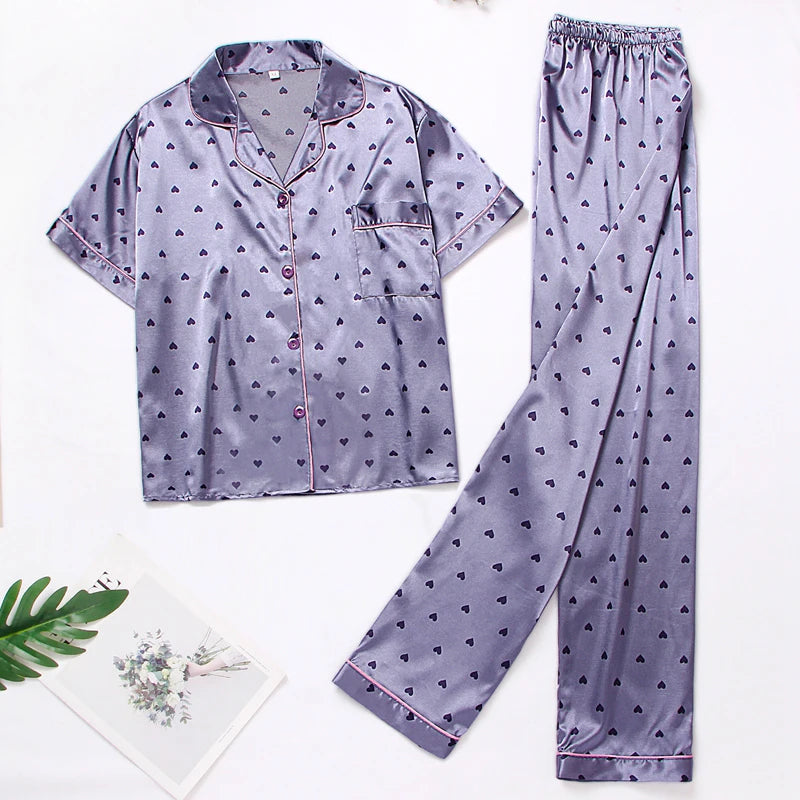 Women‘s Striped Printed Silk Satin Pajamas Summer Nightwear Trouser Suits Satin Set Woman 2 Pieces Short Sleeve Sleep Tops Night