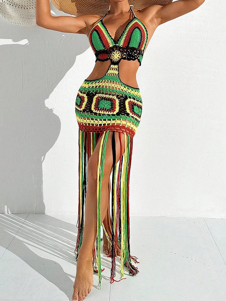 Women Summer Crochet Halter Deep V Neck Cover Ups Multicolor Swimsuit Long Tassel Bikini Knit Dress Cover-Ups Backless Beachwear