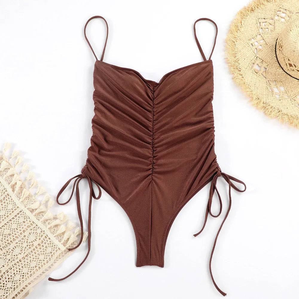 Sexy Bandeau Ruched One Piece Swimsuit Women's Swimwear Backless Monokini White Black Blue Bathing Suit