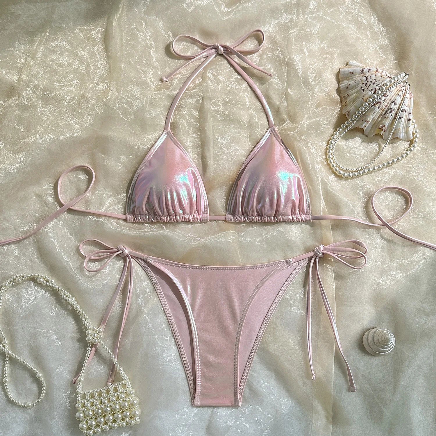 Sexy Triangle Push Up Bikini Metallic Brazilian Swimwear Women Golden Silver Side String Bikini Bathing Suit Beach Wear Biquini