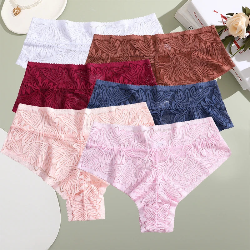 6pcs Women's Sexy Lace Breathable Panties Seamless High Waist Transparent G-String Solid Color Hollow Breathable Underwear S-XXL