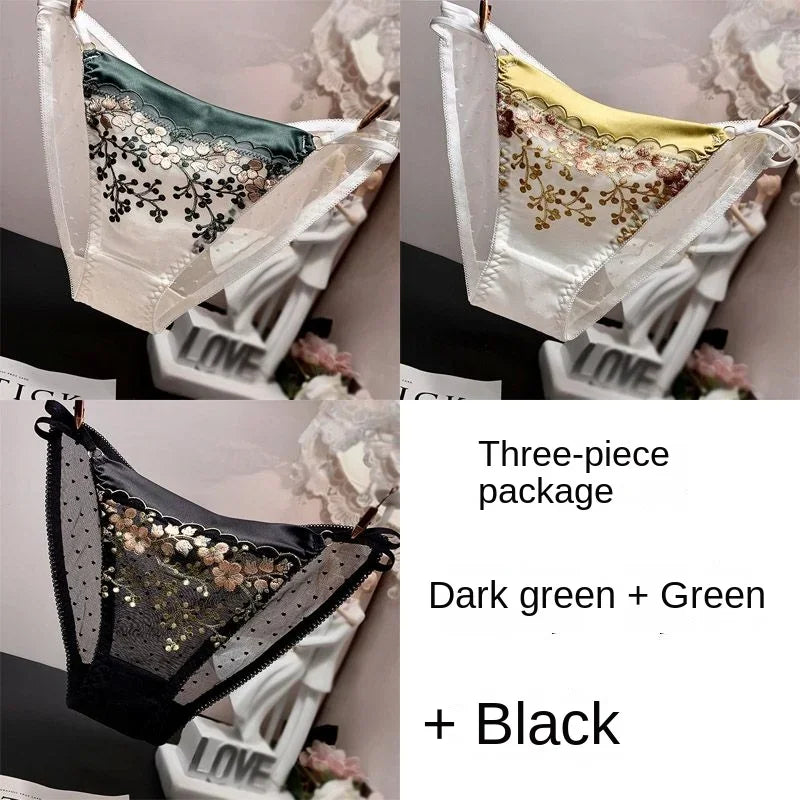 High-end Lace Panties Women's Fashion Embroidery Tapered Mesh Briefs Low Rise Sexy Cut-outs Famale Cotton Crotch Underwear New