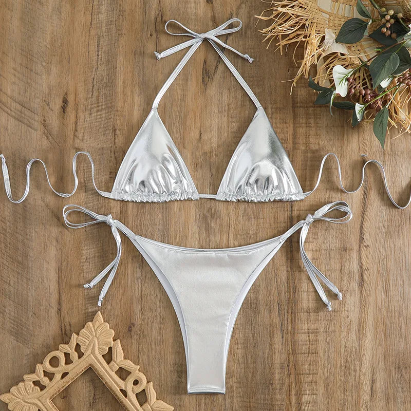 sexy metallic string halter micro mini bikini sets two pieces 2024 women thong swimsuit female bathing suit swimwear biquini