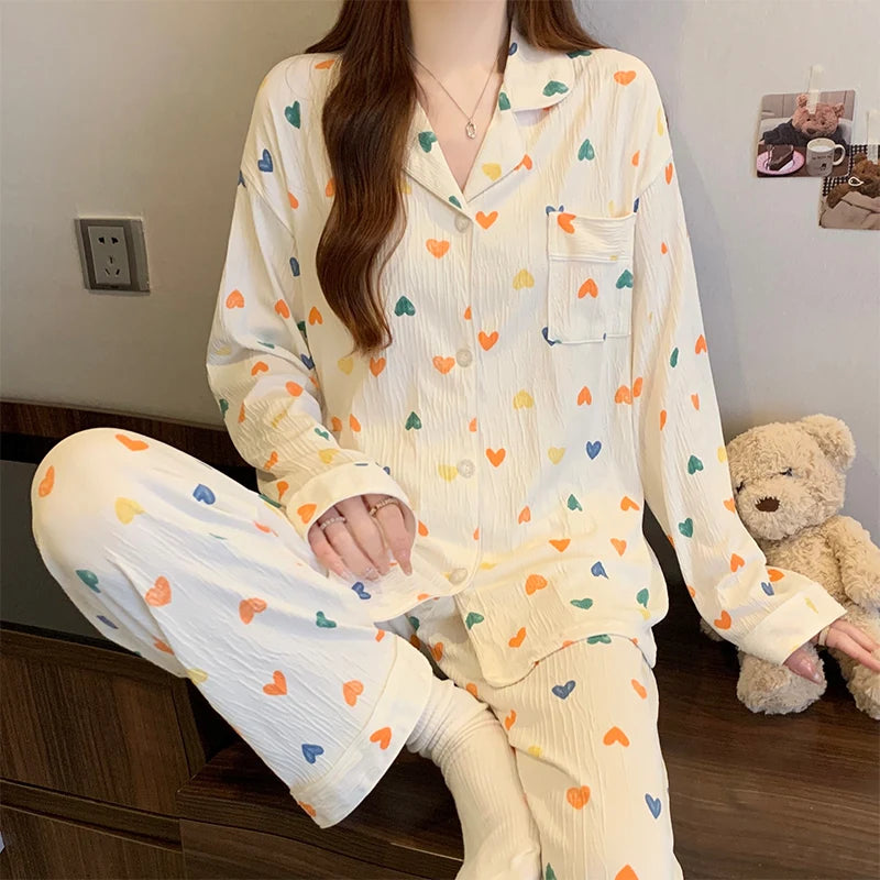 Pink Bow Tie Design Pajamas for Women Long Sleeve Top & Elastic Waist Pants Pajamas Set Harajuku Style Casual New Home Wear