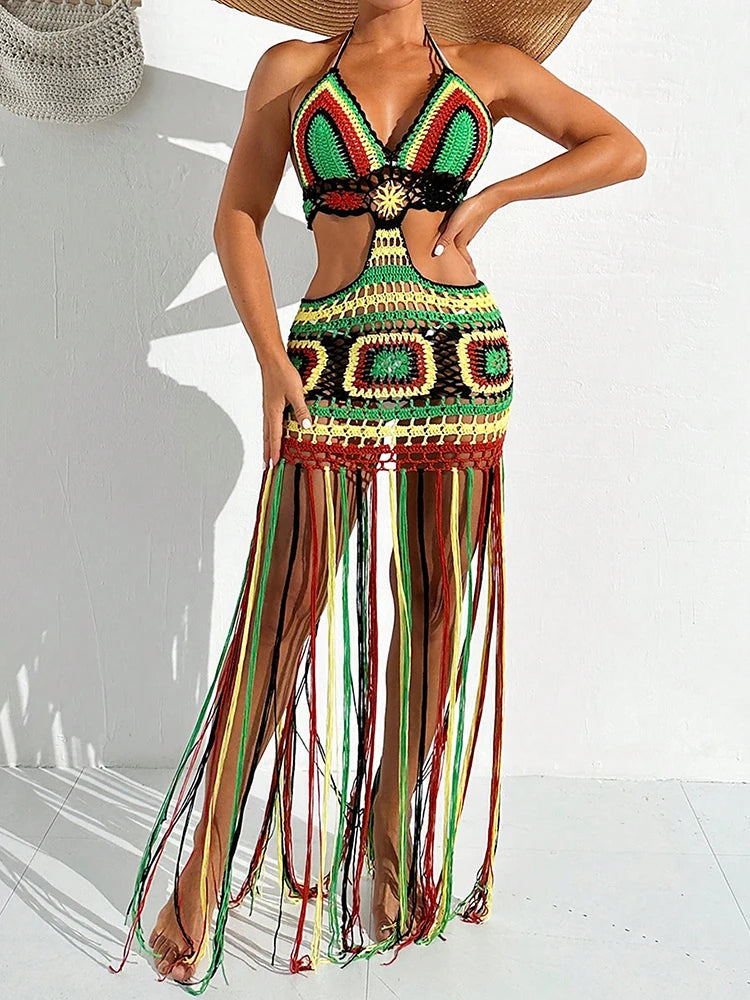 Women Summer Crochet Halter Deep V Neck Cover Ups Multicolor Swimsuit Long Tassel Bikini Knit Dress Cover-Ups Backless Beachwear