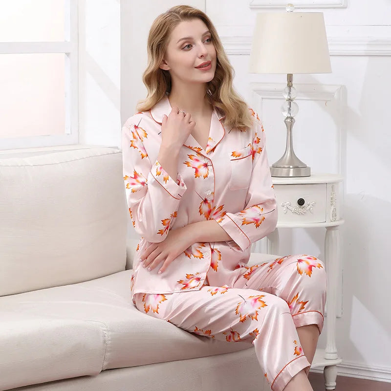 Birdtree Fall 16MM 100%Real Silk Pajama Set Women Satin Print Pyjama Pj Suit Long Sleeve Bedroom Sleepwear Set P36637QC