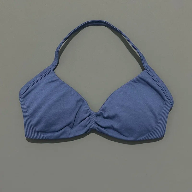 HISTELLO Impact Strappy Bra Gym Top Women High Support Thin Strap Halter Sports Seamless Bras Scrunch Push-up Workout Yoga Tanks